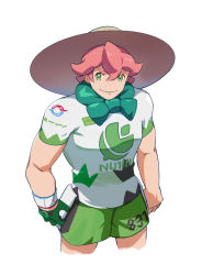Rule 34 | 1boy, arms at sides, beige headwear, brown hat, closed mouth, commentary request, creatures (company), dynamax band, freckles, game freak, gloves, green eyes, gym leader, hat, hsin, male focus, milo (pokemon), nintendo, pink hair, pokemon, pokemon swsh, shirt, short sleeves, shorts, single glove, smile, solo, sun hat, white background