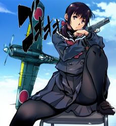 Rule 34 | 1girl, aircraft, airplane, black pantyhose, blue jacket, blue skirt, brown hair, chair, commentary request, hair ornament, jacket, kamisimo 90, knee up, looking at viewer, medium hair, original, pantyhose, purple eyes, red neckwear, sailor collar, shirt, shoes, sitting, skirt, solo, twintails, twintails nurse (kamisimo 90)