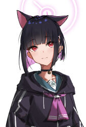 Rule 34 | 1girl, aflo, animal ears, aqua sailor collar, black choker, black hair, blue archive, blunt bangs, blush, choker, closed mouth, colored inner hair, halo, highres, hood, hood down, hoodie, kazusa (blue archive), long sleeves, looking at viewer, multicolored hair, neckerchief, pink eyes, pink hair, pink neckerchief, purple hoodie, sailor collar, short hair, simple background, solo, two-tone hair, upper body, white background