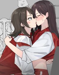 Rule 34 | 2girls, anger vein, bang dream!, bang dream! it&#039;s mygo!!!!!, black hair, blush, brown hair, closed eyes, clothes lift, commentary request, french kiss, green eyes, gym uniform, hair behind ear, highres, jacket, kiss, long hair, looking at another, medium hair, mole, mole under eye, multiple girls, nanami (nunnun 0410), red jacket, red shorts, shiina taki, shirt, shirt lift, shorts, spoken anger vein, sweat, white shirt, yahata umiri, yuri