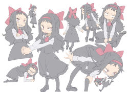Rule 34 | absurdres, all fours, angry, bags under eyes, bent over, black hair, black legwear, bow, character sheet, child, dress, grin, hair bow, own hands clasped, highres, long hair, masikakuma, original, own hands together, pale color, red bow, red eyes, sharp teeth, simple background, sitting, smile, teeth, white background