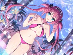 Rule 34 | 1girl, airi (queen&#039;s blade), airi (the infernal temptress), apron, armpits, bangle, beach, bikini, black bow, black ribbon, blue eyes, bow, bracelet, breasts, collar, covered erect nipples, criss-cross halter, crossover, dutch angle, flower, frilled bikini, frills, glint, gluteal fold, hair bow, hair ribbon, halterneck, hands up, heart, jewelry, large breasts, lens flare, lights, long hair, looking at viewer, maid, maid apron, maid bikini, maid headdress, navel, night, official art, open mouth, outdoors, palm tree, pink bikini, pool, queen&#039;s blade, red hair, ribbon, senran kagura, senran kagura new link, shiny skin, side-tie bikini bottom, sling bikini top, solo, standing, stomach, swimsuit, thighs, tree, twintails, two side up, unconventional maid, underboob, very long hair, wristband, yaegashi nan