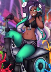 Rule 34 | 1girl, ;), bare arms, bare shoulders, black footwear, black gloves, black shorts, black vest, blurry, blurry background, boots, breasts, cephalopod eyes, cleavage, collarbone, collared vest, colored skin, crop top, cropped vest, dark-skinned female, dark skin, depth of field, fingerless gloves, gloves, green eyes, green hair, green pantyhose, green skin, hand on own cheek, hand on own face, hands up, headphones, high collar, highres, knee up, long hair, looking at viewer, marina (splatoon), microphone, midriff, mole, mole under mouth, multicolored hair, multicolored skin, navel, nintendo, octoling, one eye closed, orange pupils, paint, pantyhose, pantyhose under shorts, parted lips, purple hair, rainbowscreen, shorts, sitting, smile, solo, splatoon (series), splatoon 2, stomach, suction cups, tentacle hair, unzipped, vest, zipper, zipper pull tab