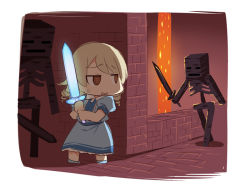 Rule 34 | 1girl, @ @, bad id, bad pixiv id, blue dress, blue footwear, blush, chibi, collared dress, crossover, dress, fighting stance, glowing, glowing sword, glowing weapon, holding, holding sword, holding weapon, idolmaster, idolmaster cinderella girls, light brown hair, long hair, minecraft, minecraft sword, lava, morikubo nono, parted lips, puffy short sleeves, puffy sleeves, ringlets, shoes, short sleeves, skeleton (minecraft), standing, sweat, sword, two-handed, uccow, wavy mouth, weapon