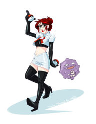 Rule 34 | boots, breasts, creatures (company), game freak, gen 1 pokemon, glasses, green eyes, jessie (pokemon), koffing, latex, midriff, navel, nintendo, pencil skirt, poke ball, pokemon, pokemon (creature), red hair, skirt, thigh boots, thighhighs, white skirt