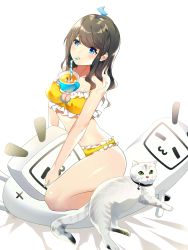 Rule 34 | 1girl, animal, bare arms, bare shoulders, bed sheet, bendy straw, bikini, bilibili, blue eyes, blush, breasts, brown hair, bubble tea challenge, cat, cleavage, cleavage cutout, closed mouth, clothing cutout, collarbone, commentary, cup, drink, drinking, drinking straw, frilled bikini, frills, green eyes, hair ornament, highres, long hair, medium breasts, navel, original, rhea (0u0), solo, swimsuit, symbol-only commentary, thighs, white background, white cat, yellow bikini