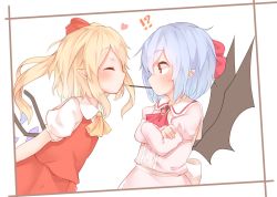 Rule 34 | !?, 2girls, ascot, bat wings, black wings, blonde hair, blue hair, brooch, closed eyes, crossed arms, crystal, flandre scarlet, food, from side, heart, jewelry, long sleeves, multiple girls, pink shirt, pocky, pocky kiss, pointy ears, puffy sleeves, red ascot, red eyes, red skirt, red vest, remilia scarlet, sakurea, shared food, shirt, siblings, sisters, skirt, skirt set, touhou, upper body, vest, white shirt, wings, yellow ascot