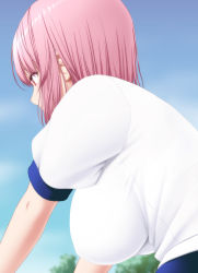 Rule 34 | 1girl, alternate costume, blue sky, breasts, commentary request, day, gym shirt, highres, large breasts, looking away, nori tamago, outdoors, pink hair, red eyes, saigyouji yuyuko, shirt, short hair, short sleeves, sky, solo, touhou, upper body