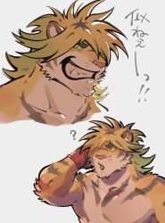 Rule 34 | 1boy, ?, animal ears, bara, blonde hair, collage, colored sclera, confused, cropped head, furry, furry male, green sclera, grin, large pectorals, looking at viewer, macan (housamo), male focus, medium hair, miha yu1, muscular, muscular male, pectorals, sanpaku, smile, thick eyebrows, tiger boy, tiger ears, tokyo houkago summoners, translation request, upper body, yellow fur