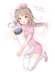 Rule 34 | 1girl, :d, blunt bangs, blush, brown hair, commentary, copyright name, dress, english commentary, english text, full body, hat, heart, hitsukuya, legs together, love live!, love live! school idol project, minami kotori, nurse, nurse cap, open mouth, oversized object, pink dress, pink footwear, pink hat, puffy short sleeves, puffy sleeves, shoes, short dress, short sleeves, simple background, smile, solo, syringe, thighhighs, white background, white thighhighs, yellow eyes