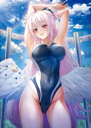 Rule 34 | 1girl, absurdres, armpits, arms behind head, arms up, bare shoulders, black one-piece swimsuit, black scrunchie, blue archive, blue sky, blush, bnari, breasts, cameltoe, chain-link fence, competition school swimsuit, covered navel, crescent, day, feathered wings, fence, gluteal fold, hair ornament, hair scrunchie, halo, hand on own arm, head tilt, high ponytail, highleg, highleg swimsuit, highres, large breasts, long hair, looking at viewer, mika (blue archive), official alternate costume, one-piece swimsuit, open mouth, pink hair, pink halo, ponytail, school swimsuit, scrunchie, sidelocks, sky, smile, solo, swimsuit, thighs, trinity general school swimsuit, very long hair, wet, wings, yellow eyes