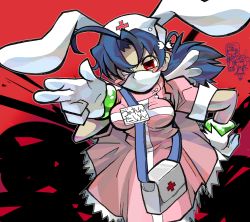 Rule 34 | 1girl, angel wings, animal ears, apron, bad id, bad pixiv id, bag, bloody marie (skullgirls), blue hair, blush, blush stickers, bracelet, breasts, rabbit ears, chibi, chibi inset, cosplay, cross, double (skullgirls), dress, eyepatch, closed eyes, fake animal ears, finger gun, gloom (expression), gloves, hair ornament, hair over one eye, hat, highres, impossible clothes, impossible shirt, iso maru, jewelry, large breasts, lolita fashion, long hair, maid, maid apron, maid headdress, mask, mini wings, mouth mask, nakahara komugi, nakahara komugi (cosplay), name tag, nun, nurse, nurse cap, nurse witch komugi-chan, pleated skirt, pointing, ponytail, red background, red eyes, reverge labs, ribbon, shaded face, shirt, skirt, skull, skull hair ornament, skullgirls, solo, sorehana, soul taker, surgical mask, sweet lolita, tatsunoko, twintails, valentine (skullgirls), white gloves, wings, wrist cuffs