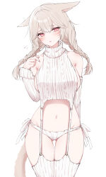 Rule 34 | 1girl, absurdres, animal ears, averting eyes, bare shoulders, blonde hair, blush, braid, breasts, cat ears, cat girl, cat tail, commentary request, detached sleeves, facial mark, final fantasy, final fantasy xiv, finger heart, flying sweatdrops, highres, large breasts, long hair, long sleeves, meme attire, miqo&#039;te, navel, panties, pink eyes, ribbed sleeves, ribbed thighhighs, sana (sanamaru 0w0), side-tie panties, sideboob, simple background, solo, stomach, straight-on, sweater, tail, thighs, triangle mouth, turtleneck, turtleneck sweater, twin braids, underwear, virgin destroyer sweater, warrior of light (ff14), whisker markings, white background, white panties, white sweater