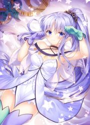 Rule 34 | 1girl, arm up, armpits, asymmetrical gloves, asymmetrical legwear, blue eyes, breasts, choker, closed mouth, dress, fate/grand order, fate (series), gloves, green gloves, green thighhighs, hair ornament, hair scrunchie, hand up, long hair, looking at viewer, lying, medea (lily) (fate), medium breasts, mismatched gloves, mismatched legwear, nogi takayoshi, on back, pelvic curtain, pointy ears, ponytail, purple gloves, purple hair, purple thighhighs, scrunchie, sidelocks, smile, solo, staff, star (symbol), strapless, strapless dress, thighhighs, very long hair, white dress