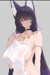 Rule 34 | 1girl, animal ear fluff, animal ears, armlet, azur lane, bare shoulders, black hair, breasts, cleavage, collarbone, covered erect nipples, dishwasher1910, facial mark, fox ears, fox girl, highres, jewelry, large breasts, long hair, looking at viewer, magatama, magatama necklace, musashi (azur lane), naked towel, necklace, solo, towel, unfinished, very long hair, yellow eyes