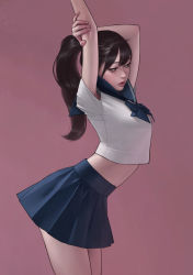 Rule 34 | 1girl, absurdres, arched back, arms up, black hair, blue bow, blue bowtie, blue sailor collar, blue sky, bow, bowtie, breasts, commentary, cowboy shot, crop top, english commentary, from side, hand on own arm, highres, jee-hyung lee, long hair, looking away, medium breasts, midriff, original, ponytail, purple background, sailor collar, school uniform, serafuku, shirt, short sleeves, simple background, sky, solo, standing, stretching, white shirt