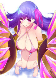 Rule 34 | 10s, 1girl, amami amayu, bare legs, bare shoulders, belt collar, bikini, blush, breasts, claws, cleavage, collar, collarbone, commentary request, fate/extra, fate/extra ccc, fate/grand order, fate (series), from above, full body, hair ribbon, highres, huge breasts, long hair, looking at viewer, o-ring, o-ring bikini, o-ring top, open mouth, passionlip (fate), pink bikini, pink eyes, purple hair, purple ribbon, revealing clothes, ribbon, sideboob, solo, standing, swimsuit, thighs, very long hair, water, wet, wet clothes