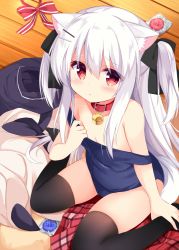 Rule 34 | 1girl, animal ear fluff, animal ears, bare shoulders, bell, black bow, black thighhighs, blue one-piece swimsuit, blush, bow, breasts, cleavage, closed mouth, collar, collarbone, commentary request, covered navel, dog ears, hair between eyes, hair bow, hair ornament, hairclip, hand up, jingle bell, koinu-chan, kujou danbo, long hair, looking at viewer, neck bell, no shoes, old school swimsuit, on floor, one-piece swimsuit, original, plaid, plaid skirt, pleated skirt, red collar, red eyes, red skirt, school swimsuit, sidelocks, silver hair, sitting, skirt, unworn skirt, small breasts, solo, strap slip, swimsuit, thighhighs, two side up, very long hair, wariza, wooden floor
