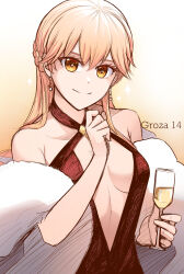 Rule 34 | 1girl, alcohol, bare shoulders, blonde hair, breasts, champagne, champagne flute, character name, cleavage, cocktail dress, cup, dress, drinking glass, earrings, feather boa, girls&#039; frontline, halter dress, halterneck, highres, holding, holding cup, jewelry, long hair, looking at viewer, medium breasts, official alternate costume, ots-14 (girls&#039; frontline), ots-14 (ruler of the banquet) (girls&#039; frontline), plunging neckline, red dress, senpaihawkkun, simple background, sleeveless, sleeveless dress, smile, solo, upper body, yellow background, yellow eyes