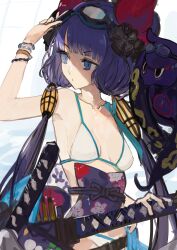 Rule 34 | arm up, bare shoulders, bikini, breasts, collarbone, commentary request, fate/grand order, fate (series), floral print, goggles, goggles on head, highres, katana, katsushika hokusai (fate), katsushika hokusai (swimsuit saber) (fate), long hair, looking to the side, low twintails, multiple swords, octopus, purple eyes, purple hair, small breasts, swimsuit, sword, tokitarou (fate), twintails, upper body, very long hair, weapon, white bikini, yorurokujuu