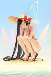 Rule 34 | 1girl, absurdres, anklet, artist name, ass, bare shoulders, beach, bikini, black hair, bow, bracelet, breasts, cleavage, collarbone, commentary request, darkmuleth, full body, hat, hat bow, highres, jewelry, large breasts, lips, long hair, looking at viewer, original, red bikini, red bow, red eyes, sideboob, smile, solo, squatting, straight hair, straw hat, swimsuit, tiptoes, toes, underboob, very long hair