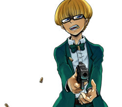 Rule 34 | 1boy, blonde hair, blue eyes, bow, bowtie, bullet, bullet in mouth, glasses, gun, jeff andonuts, male focus, mother (game), mother 2, nintendo, solo, sumishiba (pixiv), weapon