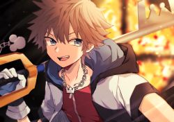 Rule 34 | 1boy, blue eyes, brown hair, comehope78, fingerless gloves, gloves, highres, hood, jewelry, keyblade, kingdom hearts, kingdom hearts i, looking at viewer, male focus, necklace, nintendo, short hair, smile, solo, sora (kingdom hearts), spiked hair, super smash bros.