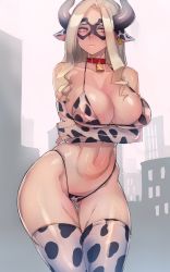 Rule 34 | 1girl, absurdres, animal ears, animal print, arms under breasts, bell, bikini, blonde hair, blush, boku no hero academia, breasts, bridal gauntlets, cameltoe, cleavage, collar, collarbone, cow ears, cow horns, cow print, cow print bikini, crossed arms, domino mask, gluteal fold, heart, heart-shaped pupils, highres, horns, large breasts, long hair, looking at viewer, mask, mount lady, navel, neck bell, pink eyes, print bikini, ratatatat74, shiny skin, solo, stomach, sweat, swimsuit, symbol-shaped pupils, thick thighs, thigh gap, thighhighs, thighs