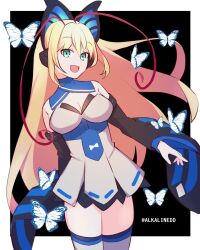 Rule 34 | 1girl, alkalinedd, antenna hair, azure striker gunvolt, black background, black sleeves, blonde hair, blue eyes, breasts, bug, butterfly, butterfly hair ornament, cleavage, detached collar, detached sleeves, dress, hair ornament, highres, insect, large breasts, long hair, long sleeves, lumen (gunvolt), multicolored hair, pink hair, simple background, solo, thighhighs, thighs, twitter username, white dress, white thighhighs