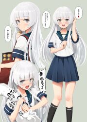 Rule 34 | 1girl, black socks, blue sailor collar, blue skirt, blunt bangs, commentary request, food, from behind, gloves, grey background, grey eyes, grey hair, highres, holding, holding another&#039;s wrist, holding food, ichikawa feesu, kantai collection, kneehighs, legs apart, long hair, long sleeves, looking at viewer, looking back, miniskirt, multiple views, open mouth, pleated skirt, sailor collar, shirakumo (kancolle), short sleeves, skirt, socks, solo focus, standing, teeth, thighs, upper teeth only, white gloves