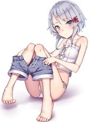 Rule 34 | 1girl, ass, bare arms, bare shoulders, barefoot, blue shorts, breasts, camisole, crop top, dressing, feet, hair ribbon, knees up, looking at viewer, open fly, original, panties, parted lips, purple eyes, ribbon, ryuinu, shirt, short hair, short shorts, shorts, side-tie panties, sidelocks, silver hair, simple background, sitting, sleeveless, sleeveless shirt, small breasts, solo, spaghetti strap, string panties, thighs, underwear, white background, white panties, white shirt