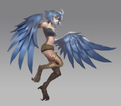 Rule 34 | 1girl, ahoge, bandeau, blue hair, blue wings, breasts, digitigrade, feathered wings, feathers, full body, grey background, harpy, highres, josh corpuz, monster girl, monster musume no iru nichijou, navel, papi (monster musume), scales, short shorts, shorts, small breasts, smile, solo, talons, winged arms, wings, yellow eyes