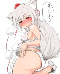 Rule 34 | 1girl, animal ears, ass, bare shoulders, blush, female focus, goyouga-deann, hat, huge ass, ichirin, inubashiri momiji, looking at viewer, no pants, panties, panty pull, red eyes, short hair, silver hair, solo, tail, tokin hat, tongue, touhou, underwear, white background, wolf ears, wolf tail