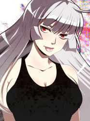 Rule 34 | 1girl, :p, breasts, cleavage, close-up, collarbone, female focus, fujiwara no mokou, halftone, halftone background, highres, large breasts, long hair, red eyes, silver hair, solo, tank top, tongue, tongue out, touhou, upper body, waya, white background