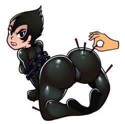 Rule 34 | 1girl, angry, ashi (samurai jack), ass, black hair, black theme, chain, disembodied limb, from behind, highres, lipstick, looking back, makeup, needle, nude, pantyhose, pulling, samurai jack, solo, spiked hair, spikes, tagme