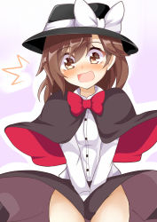Rule 34 | 1girl, ^^^, between legs, blush, bow, breasts, brown eyes, brown hair, capelet, clothes lift, covering privates, covering crotch, cowboy shot, embarrassed, eyes visible through hair, fedora, hair between eyes, hand between legs, hat, hat bow, hip focus, keyaki chimaki, long sleeves, looking down, no panties, open mouth, shirt, skirt, skirt lift, small breasts, solo, surprised, thighs, touhou, usami renko, wavy mouth, white shirt, wind