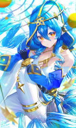 Rule 34 | 1girl, bare shoulders, black gloves, blue hair, blue hood, bright pupils, detached sleeves, drill hair, floating hair, genshin impact, gloves, gold trim, gradient eyes, hair between eyes, highres, holding own arm, jewelry, juliet sleeves, kiramarukou, layla (genshin impact), long hair, long sleeves, looking at viewer, multicolored eyes, neck ring, pants, puffy sleeves, ringlets, sidelocks, signature, simple background, solo, thighlet, thighs, twin drills, twitter username, very long hair, white background, white pants, white pupils, yellow eyes