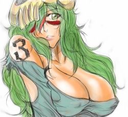 Rule 34 | 00s, 1girl, arrancar, bleach, breasts, cleavage, colorized, covered erect nipples, dunga, facial mark, green eyes, green hair, hair over one eye, hollow (bleach), long hair, matching hair/eyes, nelliel tu odelschwanck, number tattoo, skull, solo, spoilers, tattoo, third-party edit