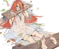 Rule 34 | 1girl, bound, bound ankles, bound wrists, breasts, character request, copyright request, covered erect nipples, egg, green eyes, highres, medium breasts, red hair, restrained, see-through, shindol, simple background, sitting, sleeveless, smile, solo, stocks, unfinished, white background