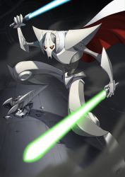Rule 34 | 1boy, alien, billowing cape, cape, commentary, dual wielding, energy sword, english commentary, general grievous, highres, holding, holding sword, holding weapon, hunched over, jeetdoh, lightsaber, looking up, male focus, solo, star wars, star wars: clone wars, sword, weapon, yellow eyes