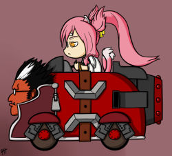 Rule 34 | animal ears, arc system works, black hair, blazblue, blazblue: calamity trigger, cyborg, fangs, frown, glasses, iron tager, kokonoe (blazblue), long hair, multiple tails, pink hair, ponytail, simple background, tail, vehicle, what, yellow eyes