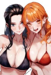 Rule 34 | 2girls, :d, bikini, black bikini, black hair, blue eyes, breasts, cleavage, collarbone, commentary, english commentary, forehead, highres, large breasts, long hair, looking at viewer, mixed-language commentary, multiple girls, nami (one piece), nico robin, one piece, open mouth, orange eyes, orange hair, red bikini, shoulder-to-shoulder, smile, swimsuit, twitter username, vcais, white background