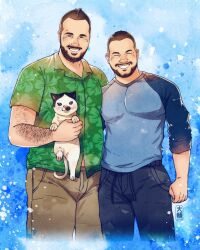 Rule 34 | 2boys, ^ ^, animal, arm hair, bara, beard, blue sleeves, brown pants, bulge, cat, closed eyes, couple, cropped legs, daisukebear, facial hair, green shirt, grin, highres, holding, holding animal, holding cat, large pectorals, looking at viewer, male focus, mature male, midriff peek, multiple boys, muscular, muscular male, original, pants, pectorals, raglan sleeves, receding hairline, shirt, short hair, side-by-side, smile, t-shirt, thick mustache, yaoi