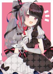 Rule 34 | 1girl, absurdres, ahoge, black bow, black hair, black ribbon, blunt bangs, blush, bow, bowtie, card, cleavage cutout, clothing cutout, cowboy shot, gloves, hair bobbles, hair bow, hair ornament, hair ribbon, highres, holding, holding card, long hair, looking at viewer, multicolored hair, nijisanji, pink background, playing card, puffy short sleeves, puffy sleeves, red bow, red eyes, red hair, ribbon, ryou (ponpgo), short sleeves, silver hair, simple background, smile, solo, split-color hair, streaked hair, twintails, two-tone dress, two-tone hair, very long hair, virtual youtuber, white gloves, yorumi rena, yorumi rena (1st costume)