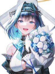 Rule 34 | 1girl, absurdres, black gloves, blue bow, blue bowtie, blue eyes, blue flower, blue hair, blush, bouquet, bow, bow earrings, bowtie, breasts, chain, chain headband, earrings, flower, gloves, hair intakes, happy birthday, highres, holding, holding bouquet, hololive, hololive english, jewelry, large breasts, looking at viewer, misyune, open mouth, ouro kronii, short hair, simple background, solo, teeth, upper body, upper teeth only, virtual youtuber, white background, white flower