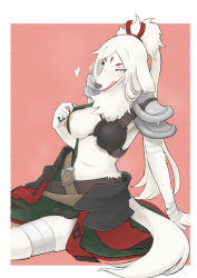 Rule 34 | 1girl, animal ears, animal nose, arm support, armor, bandaged arm, bandaged leg, bandages, belt, body fur, border, breasts, breath, claws, dog ears, dog girl, dog tail, dress, facial mark, fang, faulds, female focus, forehead mark, furry, furry female, green dress, green eyes, hair ribbon, half-closed eyes, hand up, happy, heart, heart-shaped pupils, helga (world flipper), high ponytail, highres, huild, legs together, licking lips, long hair, looking at viewer, medium breasts, muneate, navel, neck fur, nipples, open mouth, outside border, parted bangs, pink background, red ribbon, revealing clothes, ribbon, shoulder armor, sidelocks, simple background, sitting, smile, snout, solo, steam, steaming body, stomach, sweat, symbol-shaped pupils, tail, tongue, tongue out, white border, white fur, white hair, world flipper