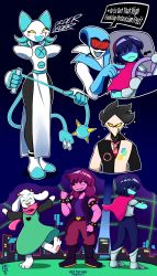 Rule 34 | 1other, 2boys, 3girls, :d, absurdres, blue skin, blush stickers, butler, cable, cable tail, cityscape, colored skin, commentary, deltarune, electric plug, english commentary, english text, flail, heart, highres, kris (deltarune), mechanical tail, multicolor-tinted eyewear, multiple boys, multiple girls, necktie, open mouth, palpe, pink skin, profanity, queen (deltarune), ralsei, rayman limbs, smile, steering wheel, susie (deltarune), swatch (deltarune), tail, tasque manager (deltarune), wavy mouth, weapon