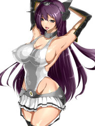Rule 34 | 10s, 1girl, alternate hair color, armpits, arms up, breasts, chozetsu, cleavage, covered erect nipples, female focus, highres, kantai collection, large breasts, long hair, nagato (kancolle), nipples, purple eyes, purple hair, saliva, solo, standing, tongue, tongue out
