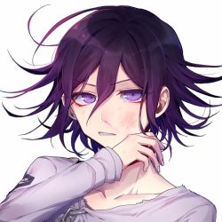 Rule 34 | 1boy, blood, bruise, bruise on face, chain, collarbone, danganronpa (series), danganronpa v3: killing harmony, grey shirt, hair between eyes, hand up, highres, injury, long sleeves, looking at viewer, male focus, nanin, nosebleed, oma kokichi, parted lips, purple eyes, purple hair, shirt, simple background, skirt, smile, solo, torn clothes, torn shirt, torn skirt, upper body, v-shaped eyebrows, white background, wiping face