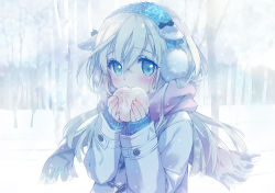 Rule 34 | 1girl, bad id, bad twitter id, baozi, bare tree, blue eyes, blue sweater, blurry, blurry background, blush, carnelian, earmuffs, eating, enpera, food, hair between eyes, holding, holding food, jacket, long hair, long sleeves, looking at viewer, original, outdoors, pink neckwear, pink scarf, scarf, sleeves past wrists, snow, solo, sweater, tree, upper body, white hair, white jacket, winter clothes